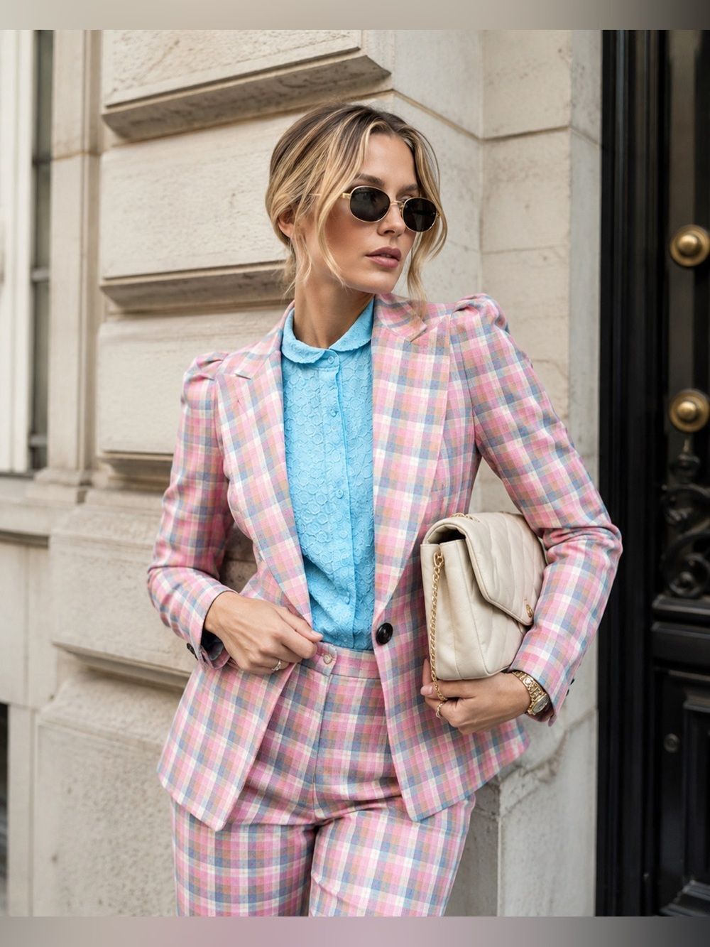 Smythe box pleat blazer begonia check pink US4